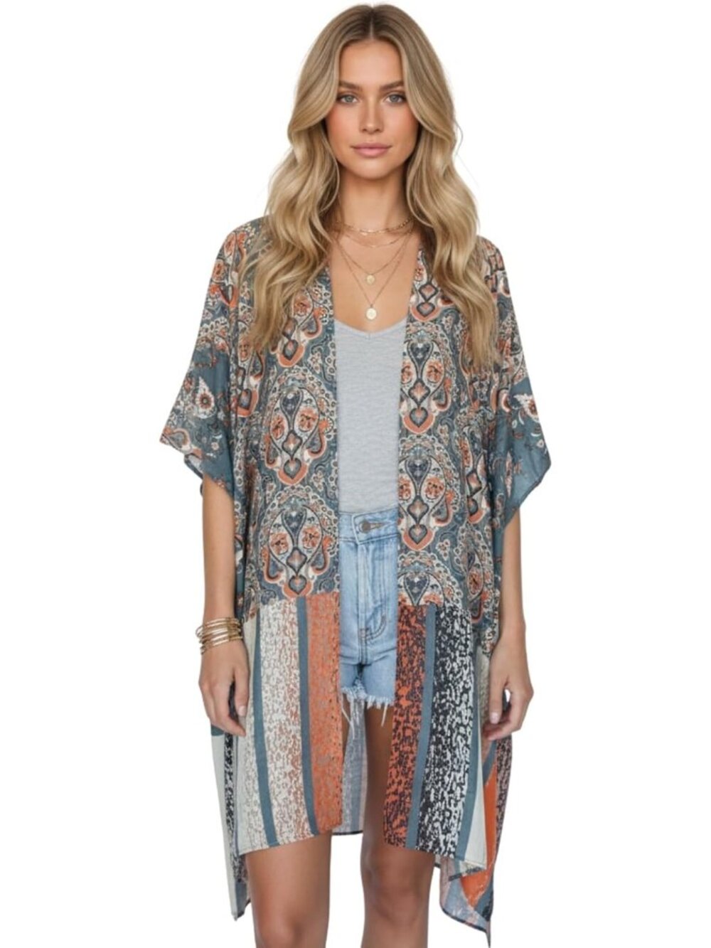 Women Rz Misty Blue Viscose Summer Lightweight Boho Kimono Cardigan Cover up - Picture 1 of 6